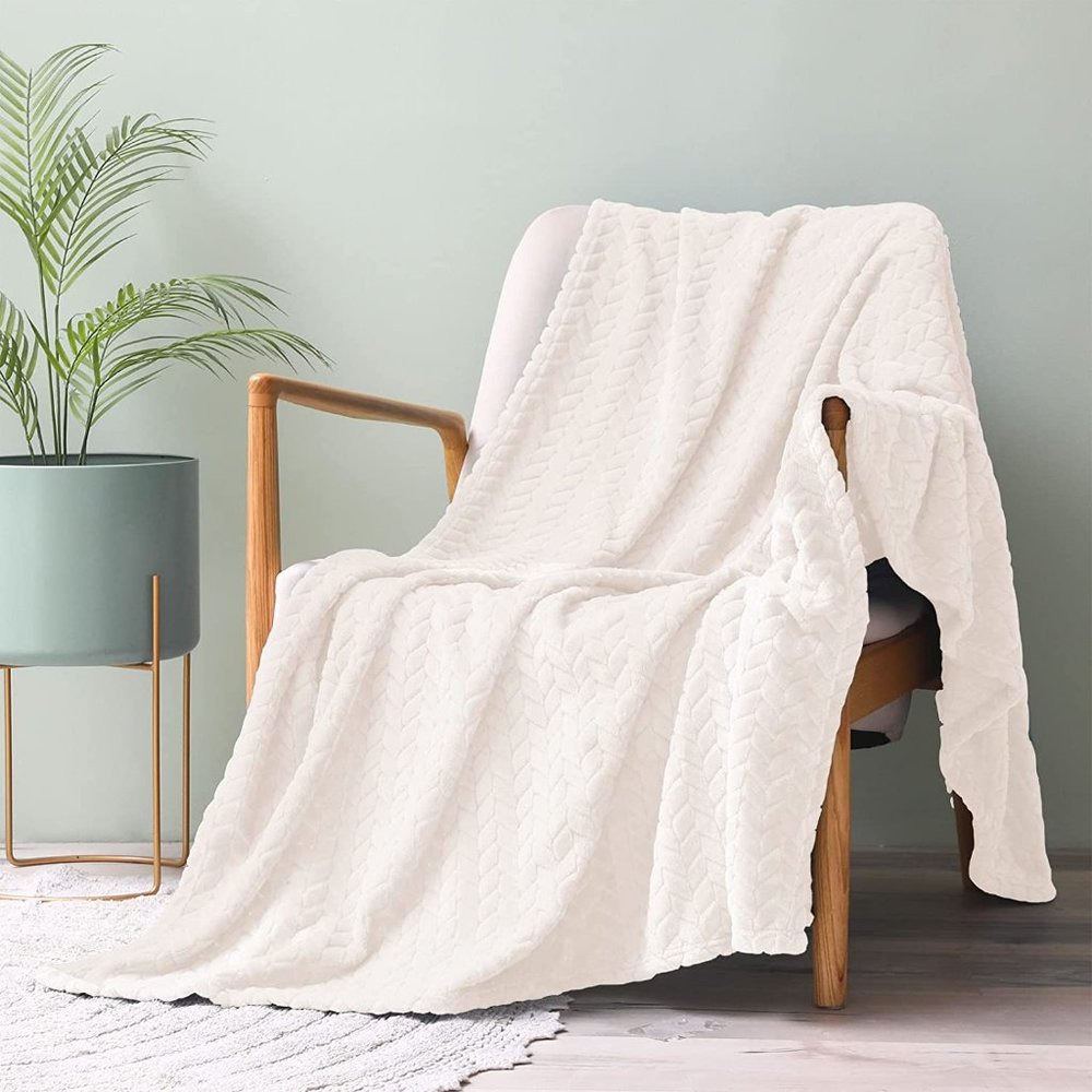 Tan/Beige Neutral Knit Jacquard Weave Pattern Decorative Warm Flannel Blanket - Picture 8 of 16
